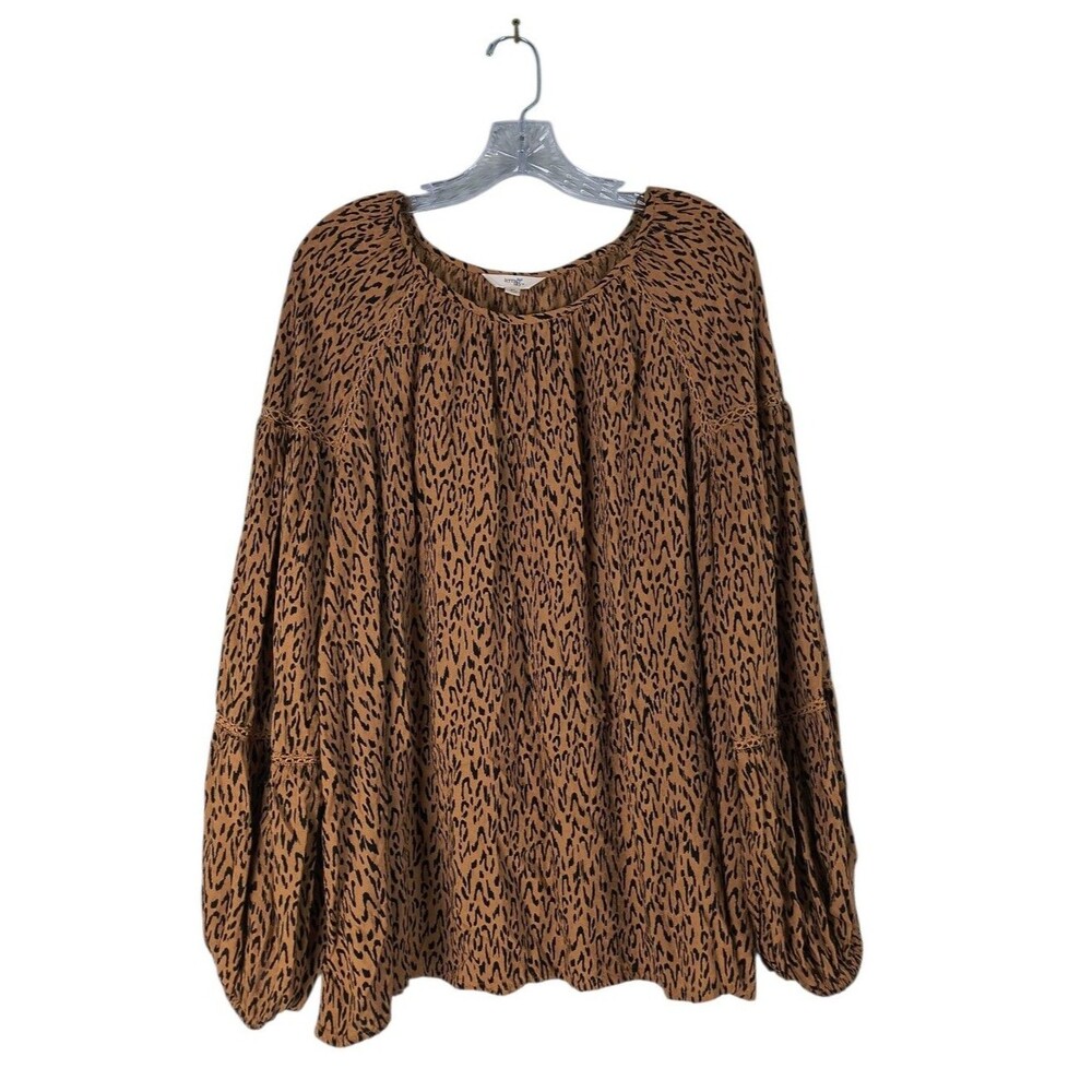 Terra & Sky Balloon Sleeve Top Women's 2X Brown Black Leopard Print Long Sleeve